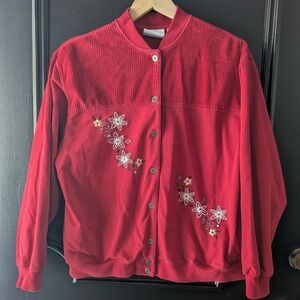 VTG 90's Red Corduroy Trim Floral Embroidered Snap‎ Front Cardigan Jacket Sz PL